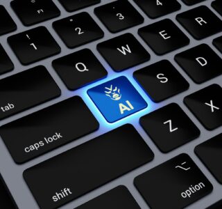 a computer keyboard with a blue light on it