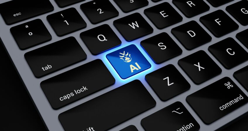 a computer keyboard with a blue light on it